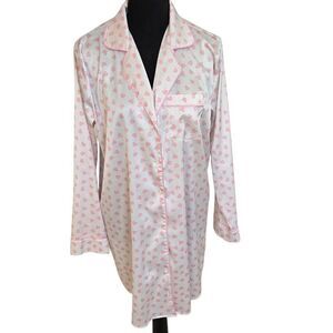 Tabitha Webb Sleepwear Womens Silky Heart Print Long Sleeve Button Front Nightsh